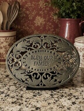 TRIVET Heavy Cast Metal Footed BLESS OUR FAMILY Serving Hot Plate Large NEW